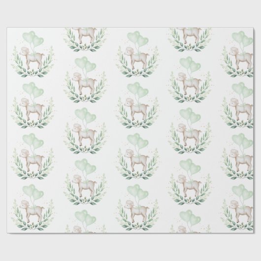 Modernes Lamb Baby Sheep mit Balloon & Greenery Geschenkpapier (Flach)