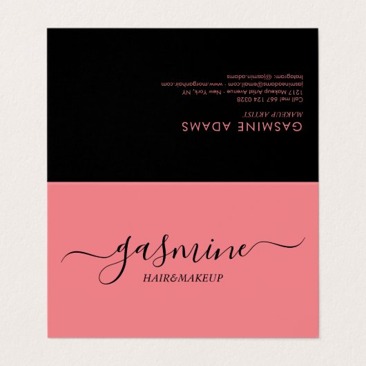 Modernes Lässiges Schwarz-Rosa-Script Visitenkarten (Außenseite Aufgefaltet)