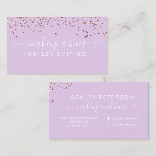 Modernes Lavendel-Rosengoldconfetti-Make-uphaar Visitenkarte (Vorne/Hinten)