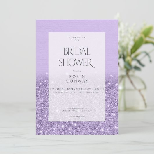 Modernes Lavender Glam Glitzer Brautparty Einladung (Stehend Vorderseite)
