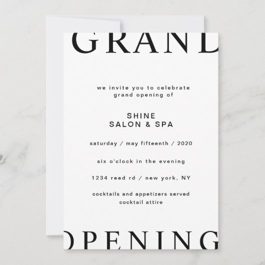 Modernes Layout Schwarz und Weiß Grand Opening Einladung (Vorderseite)
