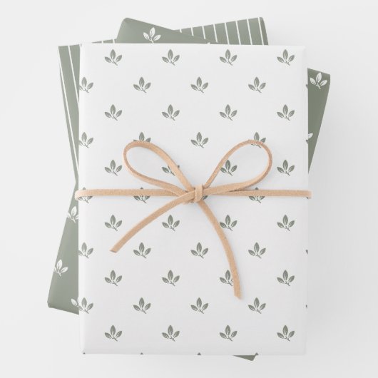 Modernes Leaf-Muster und Pinstripes dunkelgrün | Geschenkpapier Set (Beispiel)