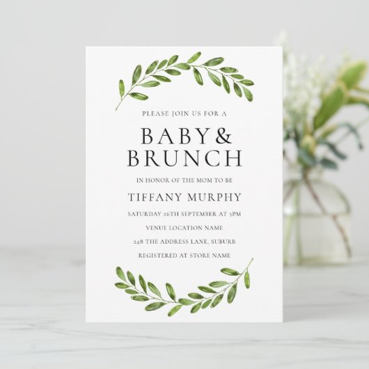 Modernes Leaf Wreath Baby Brunch Einladung (Stehend Vorderseite)