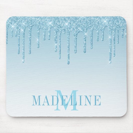 Modernes, leicht blauer Glitzer Monogram Mousepad (Vorne)