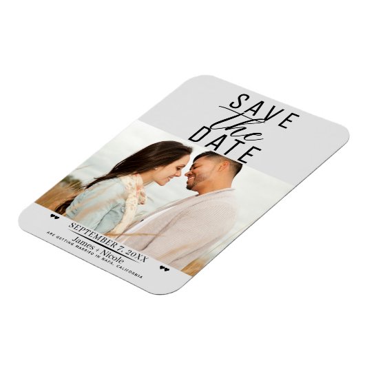 Modernes, leicht graues Save the Date Hochzeitssze Magnet (Linke Seite)