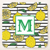 Modernes Lemon auf Schwarz-Weiß-Muster Monogramm Rechteckiger Pappuntersetzer (Vorderseite)