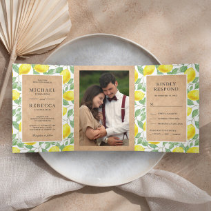 Modernes Lemon Orchard Greenery Kraft Wedding Foto Dreifach Gefaltete Einladung