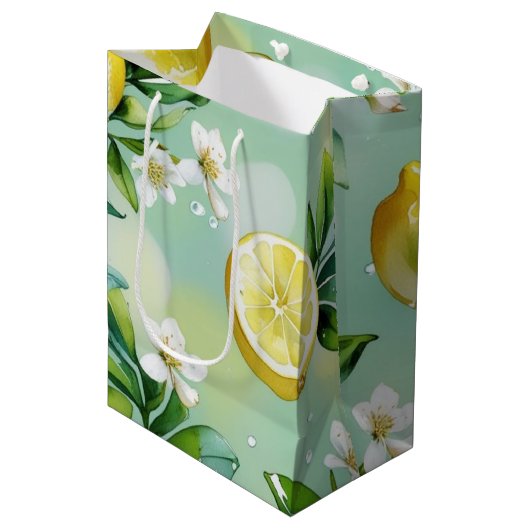 Modernes lemonblaues Blumenskript-Brautparty Mittlere Geschenktüte (Vorderseite Schrägansicht)