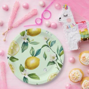 Modernes lemongelbes Blumenskript-Brautparty Pappteller