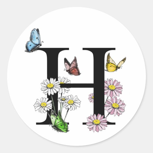 Modernes Letter H Garden Butterfly Monogramm Runder Aufkleber (Vorderseite)