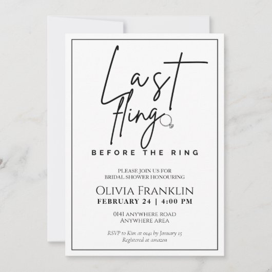 Modernes letztes Fliegen vor dem Ring-Brautparty Einladung (Vorderseite)