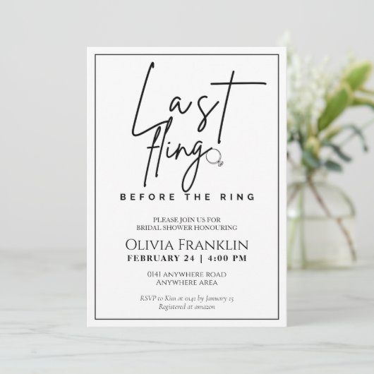 Modernes letztes Fliegen vor dem Ring-Brautparty Einladung (Stehend Vorderseite)