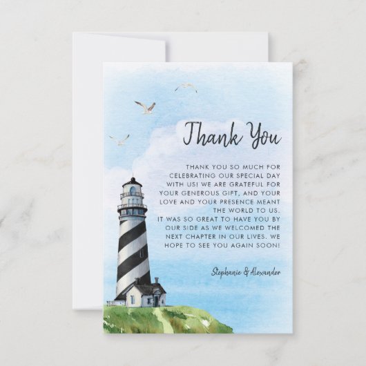 Modernes Leuchtturm Wasserfarben Schöne Hochzeit Dankeskarte (Vorderseite)