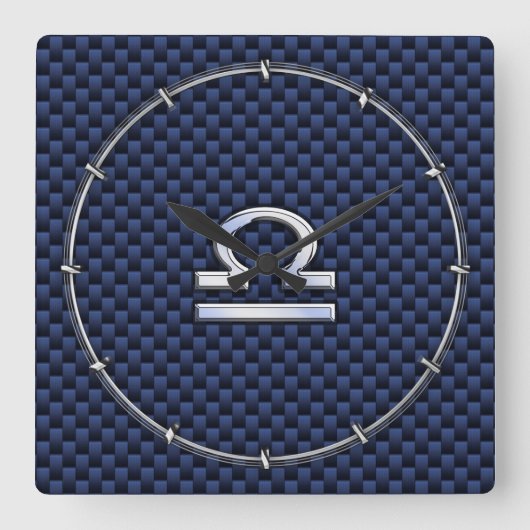 Modernes Libra-Zeichen auf Navy Blue Carbon Fibre Quadratische Wanduhr (Vorderseite)