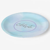 Modernes Licht Aqua Blue Elegante Drehbuch Feier Pappteller (Schrägansicht)