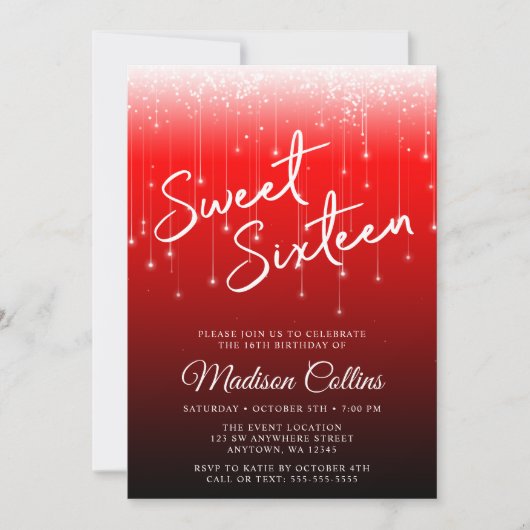 Modernes Licht rot Schwarz Sweet 16 Einladung (Vorderseite)