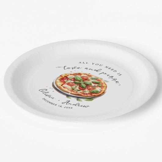 Modernes Liebe- und Pizza-Probe Pappteller (Schrägansicht)