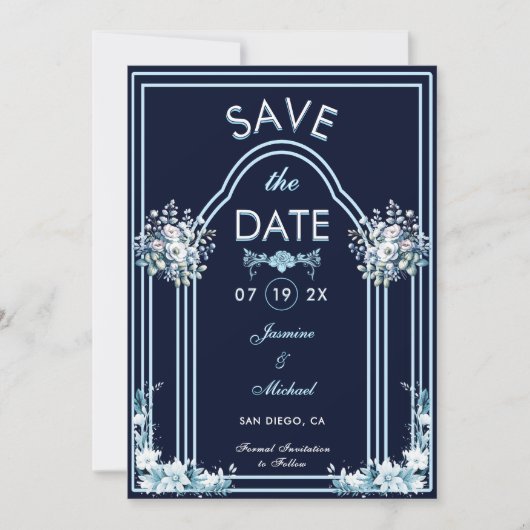 Modernes Light Blue Arch Florals Navy Boho Wedding Save The Date (Vorderseite)