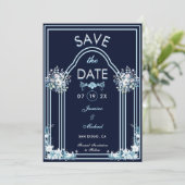Modernes Light Blue Arch Florals Navy Boho Wedding Save The Date (Stehend Vorderseite)