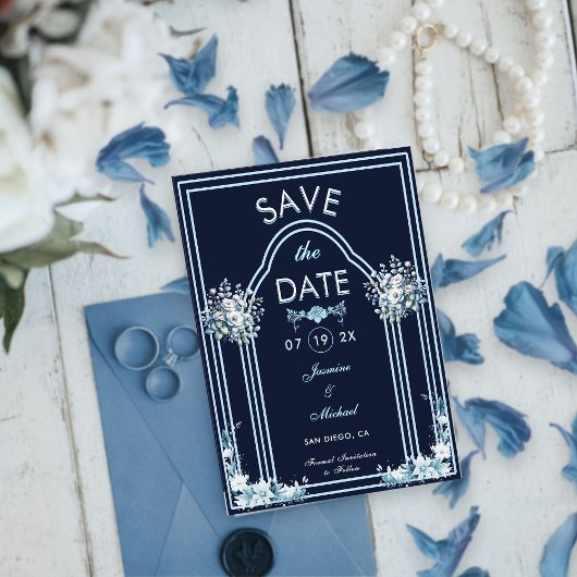 Modernes Light Blue Arch Florals Navy Boho Wedding Save The Date