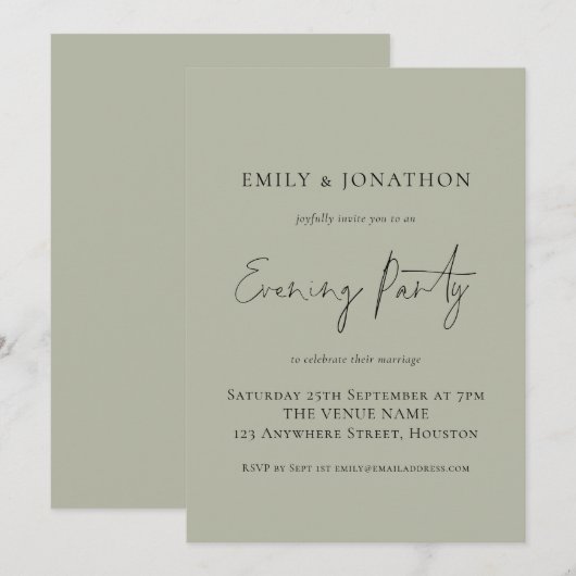 Modernes Light Sage Wedding Abend Party Einladung (Vorne/Hinten)
