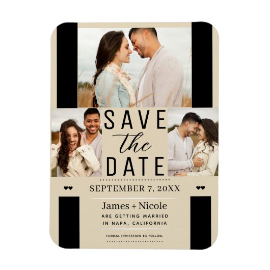 Modernes Light Tan Save the Date 3 Foto Hochzeit Magnet (Vertikal)