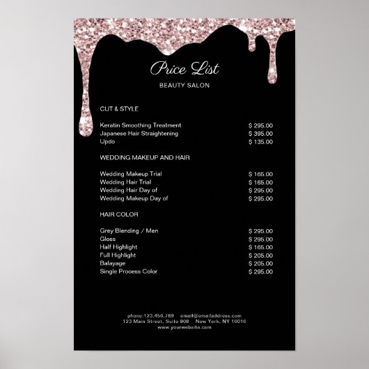 Modernes Lightpink Black Glitzer Preislisten Poster (Vorne)