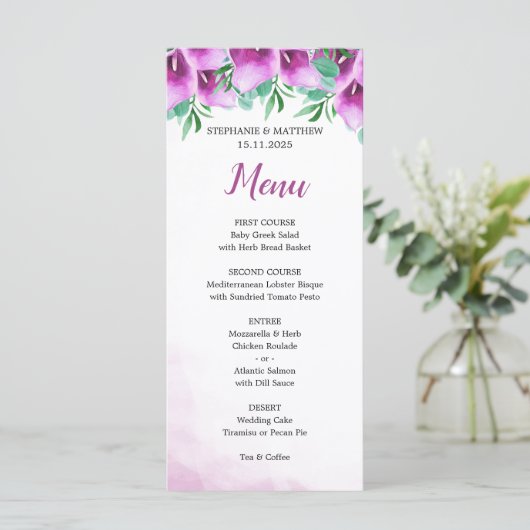 Modernes, Lila Abendmenü von Calla Lily Menükarte (Stehend Vorderseite)