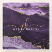 Modernes Lila Agate Gold Glitzer Script Monogram Glasuntersetzer (Vorderseite)