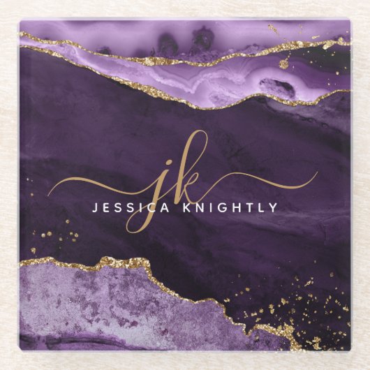 Modernes Lila Agate Gold Glitzer Script Monogram Glasuntersetzer (Vorderseite)