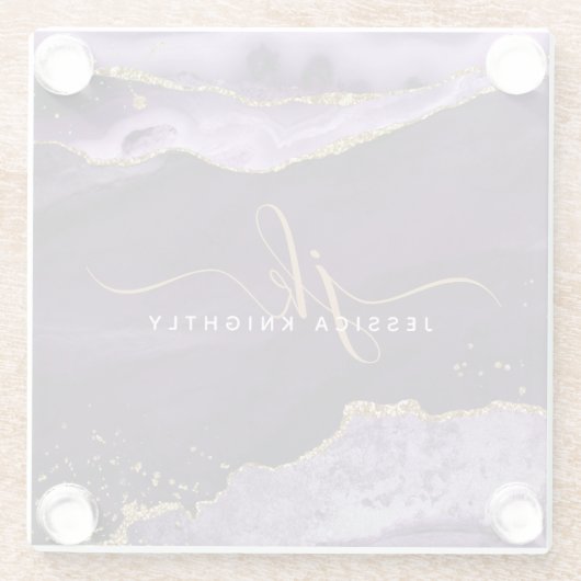Modernes Lila Agate Gold Glitzer Script Monogram Glasuntersetzer (Rückseite)