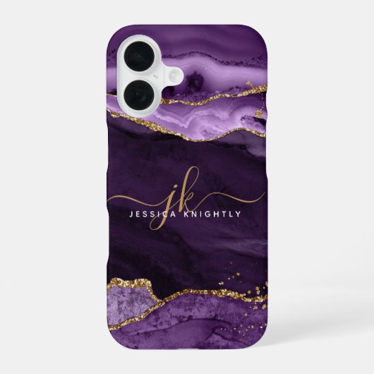 Modernes Lila Agate Gold Glitzer Script Monogram iPhone 16 Hülle (Rückseite)
