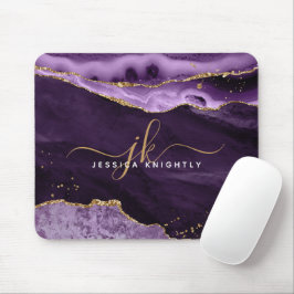 Modernes Lila Agate Gold Glitzer Script Monogram Mousepad