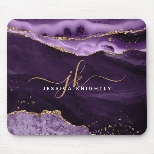 Modernes Lila Agate Gold Glitzer Script Monogram Mousepad (Vorne)