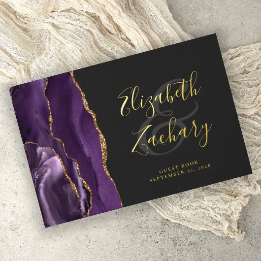 Modernes Lila Agate Gold Script Dark Gästebuch