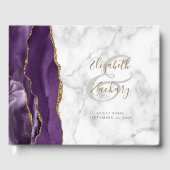 Modernes Lila Agate Gold Script Marble Gästebuch (Vorderseite)