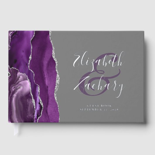 Modernes Lila Agate Silver Script grau Gästebuch (Vorderseite)