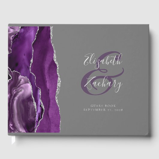 Modernes Lila Agate Silver Script grau Gästebuch (Vorderseite)