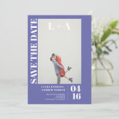 Modernes lila-blaues Foto Save the Date (Stehend Vorderseite)