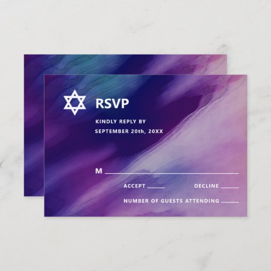 Modernes Lila Blue Star David Bar Mitzvah Hebrew RSVP Karte (Vorne/Hinten)