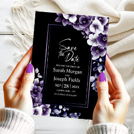 Modernes Lila Blumenschwarz Save the Date Einladung