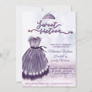 Modernes, lila Bokeh Kleid tiara Sweet 16 Einladung