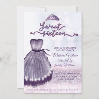 Modernes, lila Bokeh Kleid tiara Sweet 16 Einladung