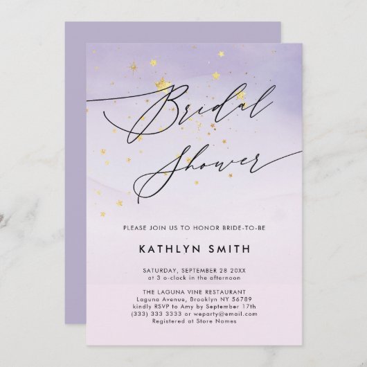 Modernes Lila Brautparty für Wasserfarbkalligraphi Einladung (Vorne/Hinten)