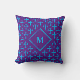 Modernes Lila Cyan Blue CROSS Monogramm Kissen