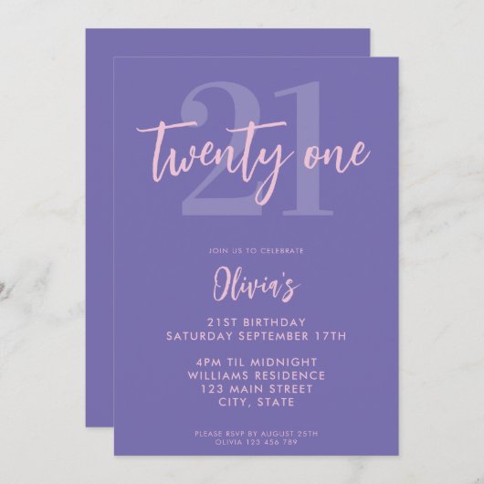 Modernes Lila Elegant 21. Geburtstag Einladung (Vorne/Hinten)