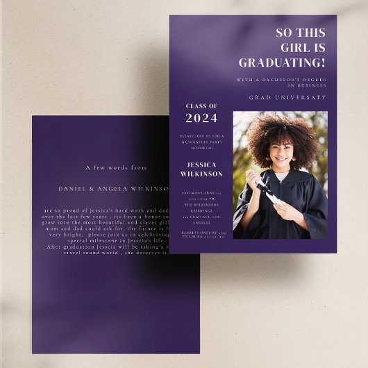 Modernes lila Foto Uni-Abschluss Party Einladung
