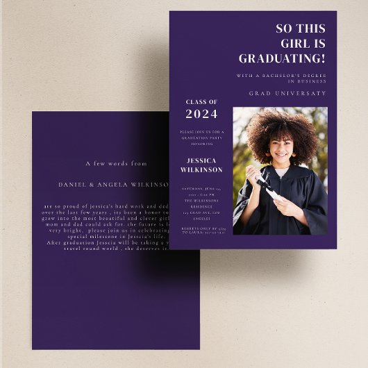 Modernes lila Foto Uni-Abschluss Party Einladung
