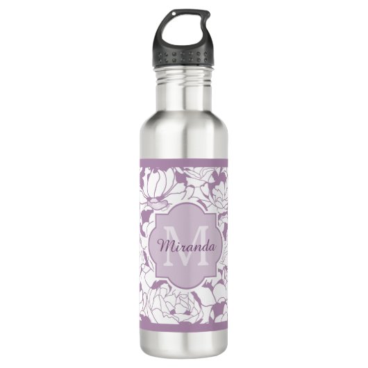 Modernes lila Girly mit Blumenmonogramm mit Namen Trinkflasche (Vorderseite)