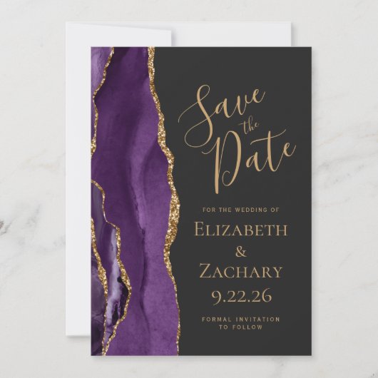 Modernes Lila Gold Agate Dark Save the Date (Vorderseite)